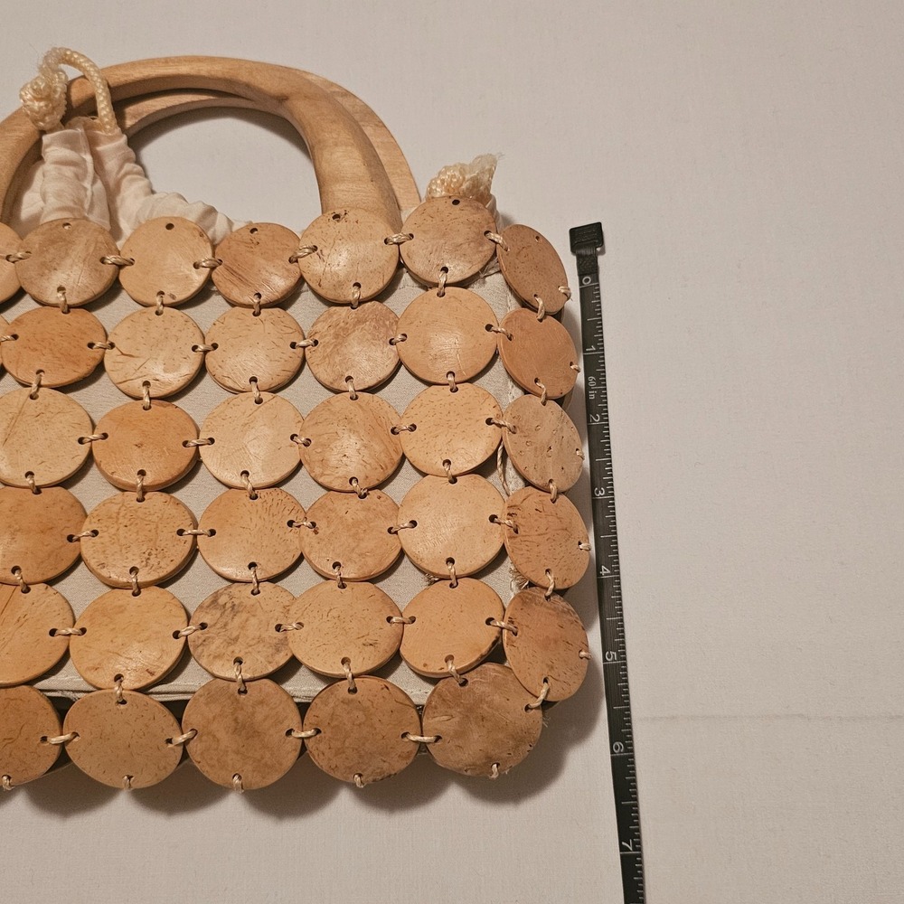 Vintage Wood Disk Beaded Light Brown 2 Top Handles Bag  with Boho Vibes - Picture 12 of 12